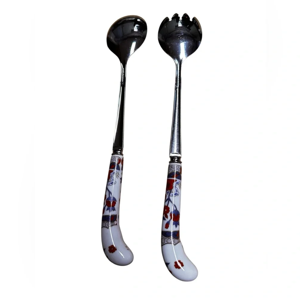 House of Prill Stainless Sheffield England Porcelain Salad Utensils Serving Set